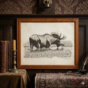 Rick Korn Signed Moose Art Hand Drawn Framed Wildlife Illustration Cabin Decor